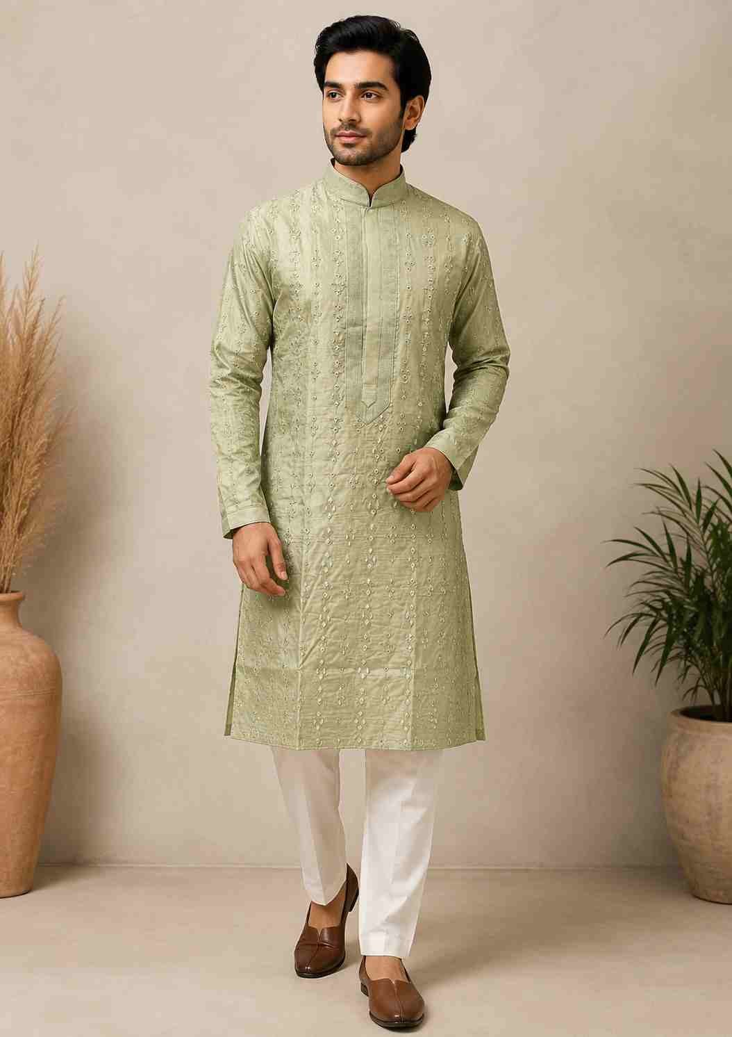 Men’s Ivory Gold Embroidered Silk-Blend Kurta
