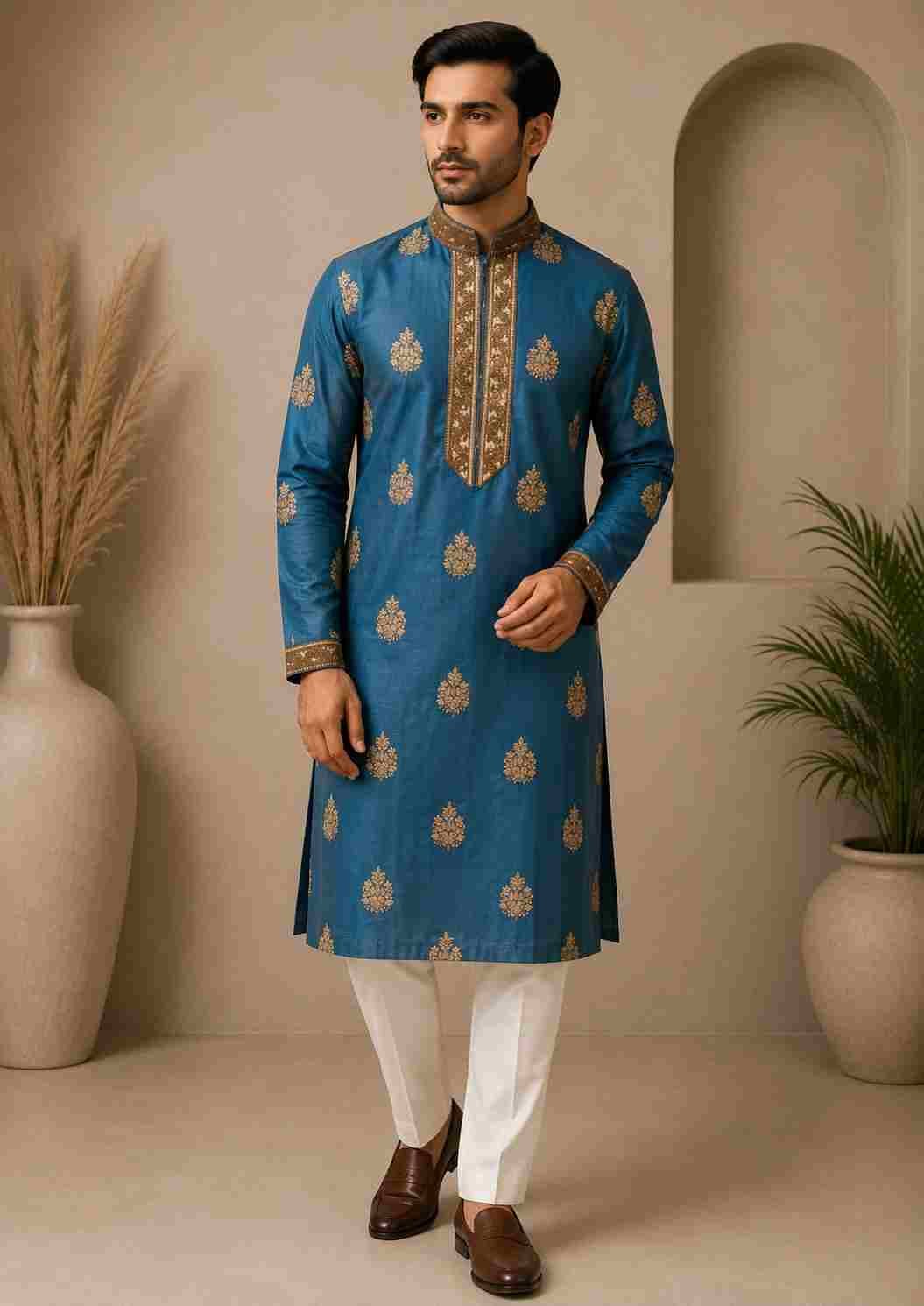 Oostori Heritage Royal Blue Zari Motif Kurta