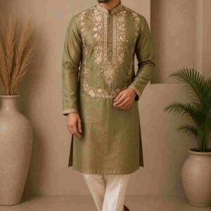 Oostori Zareen Olive Royal Embroidered Kurta