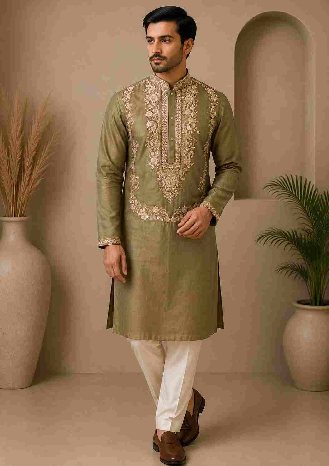 Oostori Zareen Olive Royal Embroidered Kurta